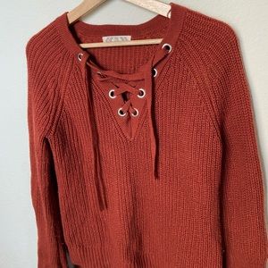 Rust Orange Knit Lace Up Sweater